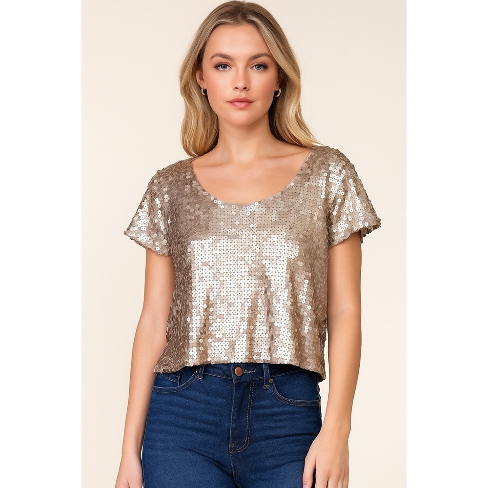 Wishlist | Bronzed Shimmery Sequin Short Sleeve Boxy Cropped Top Glam Blouse